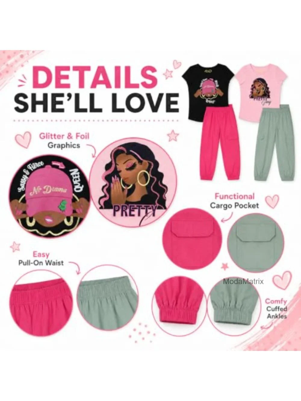 Girls 4 Pack Jogger Pants Set, Glitter and Foil Graphic Sweatpants, Soft Fleece